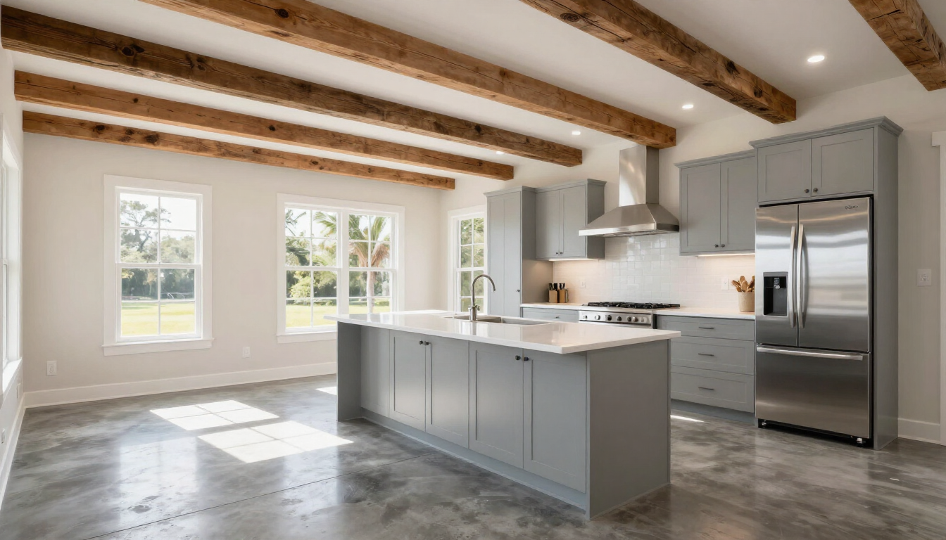 Turnkey barndominium interior with coordinated finishes