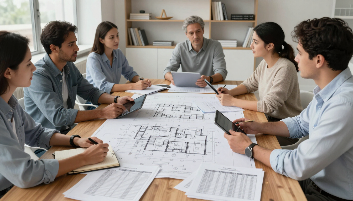 Photorealistic commercial construction planning meeting with building plans, site diagrams, and cost estimates on a conference table