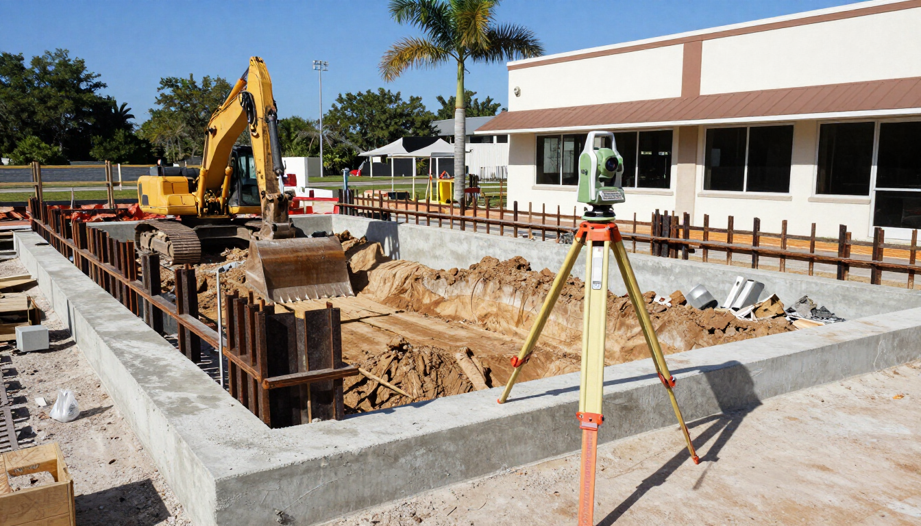 Photorealistic commercial addition site with excavation, concrete foundation forms, survey equipment, and an existing building nearby