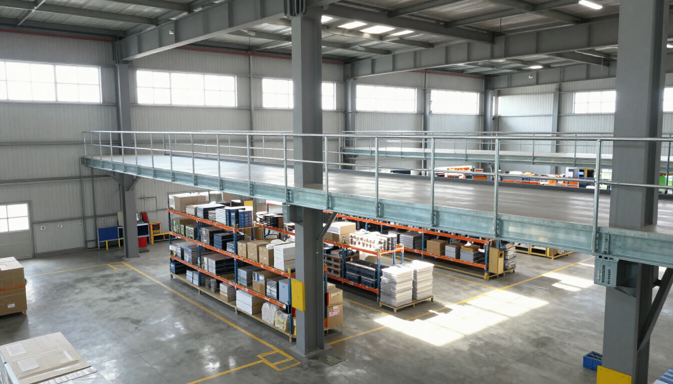 Industrial warehouse with a steel mezzanine platform