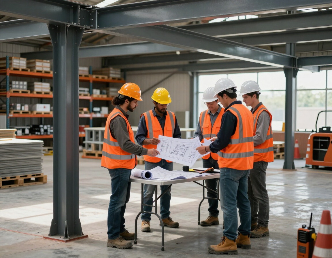 Construction team planning a warehouse mezzanine layout