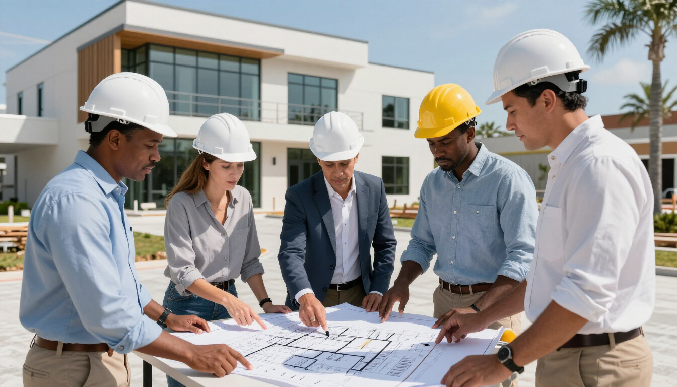Commercial construction team reviewing approved plans after code compliance work
