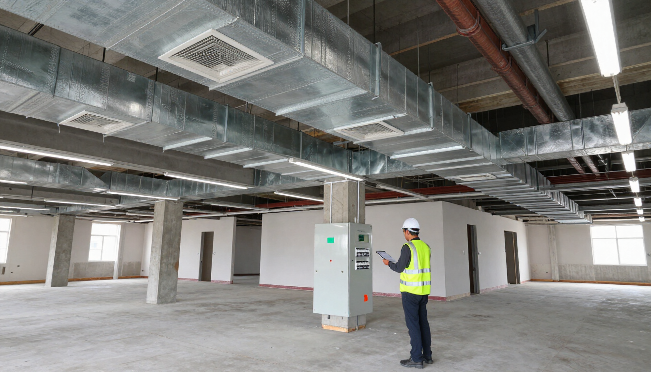 Commercial building interior inspection showing electrical, structural, and mechanical details