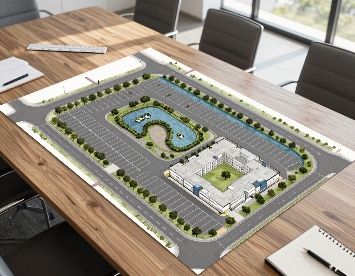 Commercial site feasibility review showing parking and stormwater planning