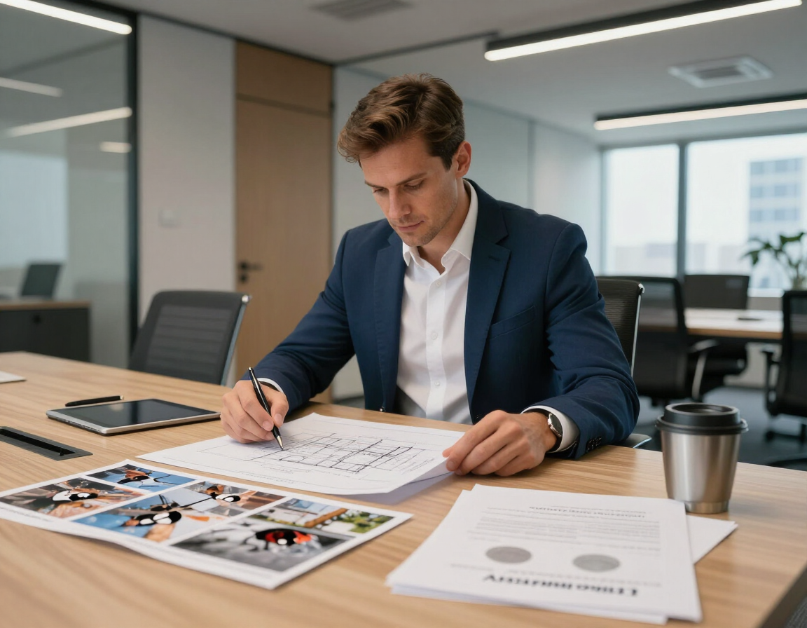 Contractor reviewing commercial building plans and damage documentation
