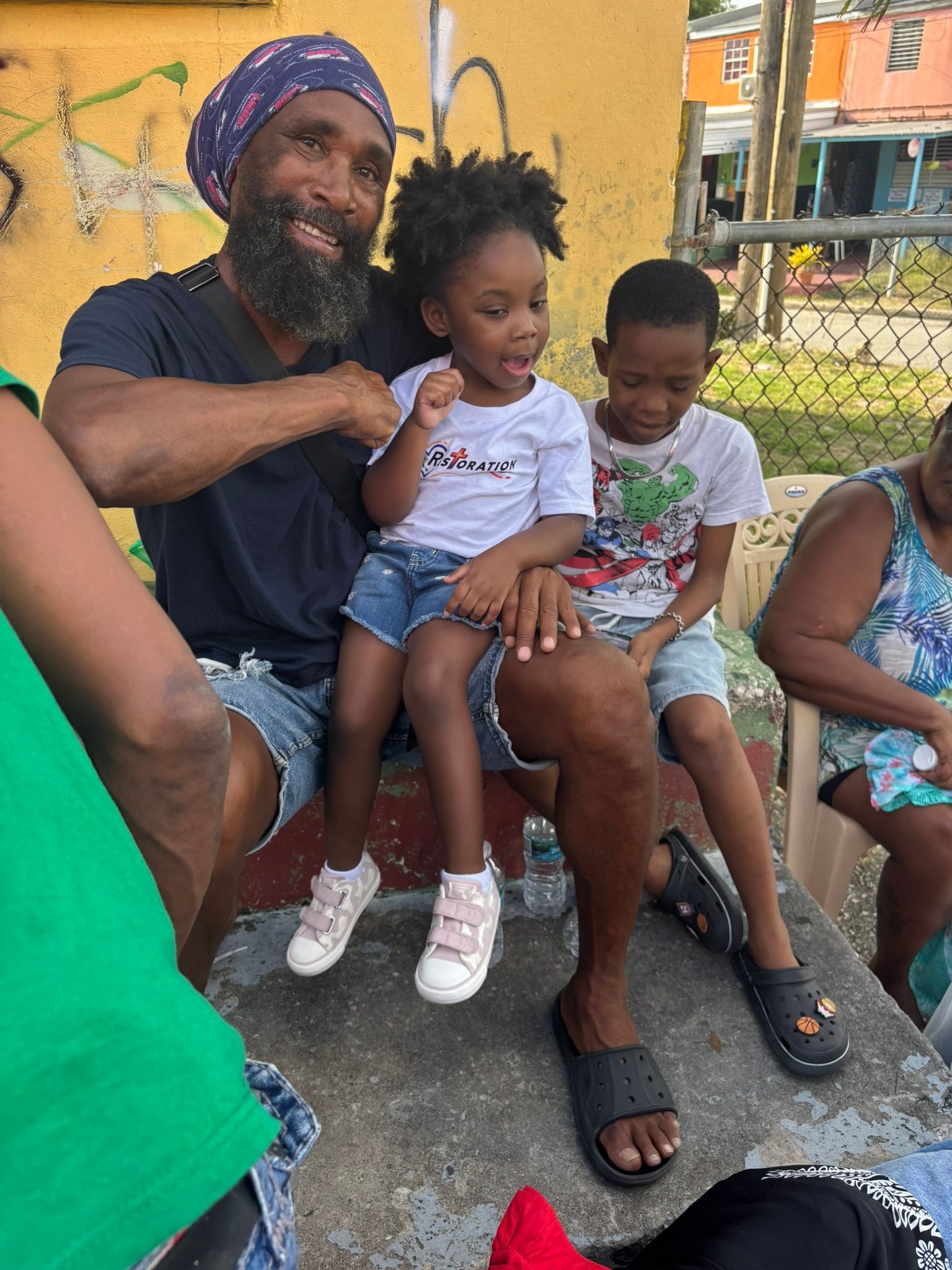 man and children