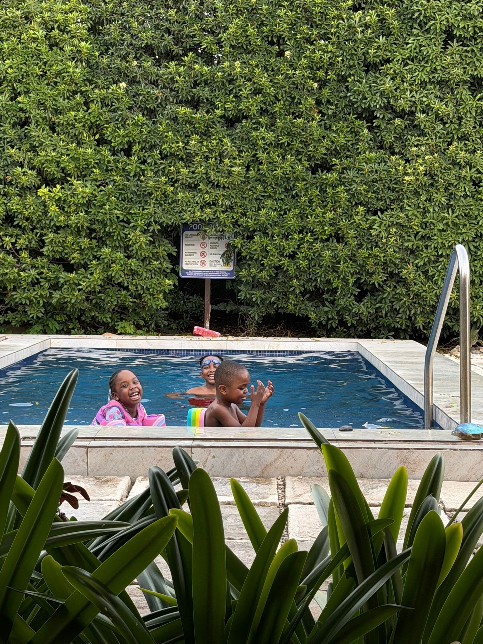 Two children in a backyard pool, with lush green hedges and plants around the patio.