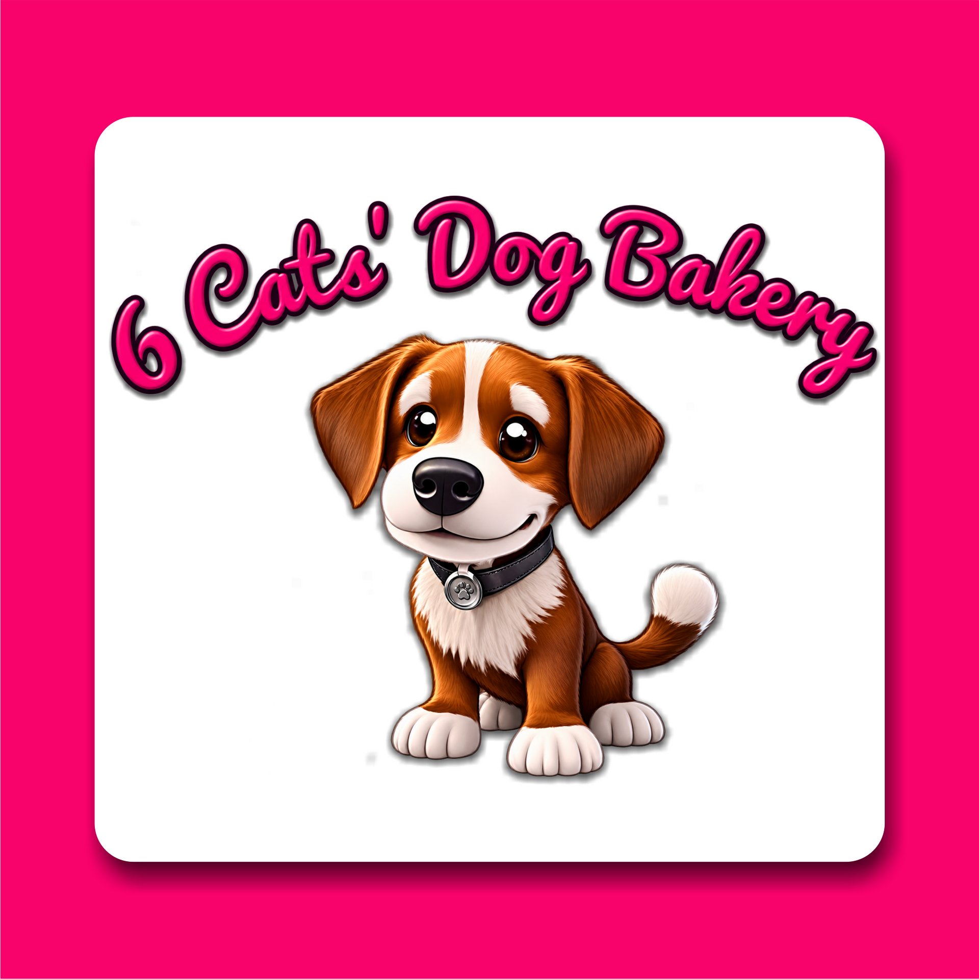 Logo for “6 Cats’ Dog Bakery” featuring a smiling cartoon puppy on a white rounded square