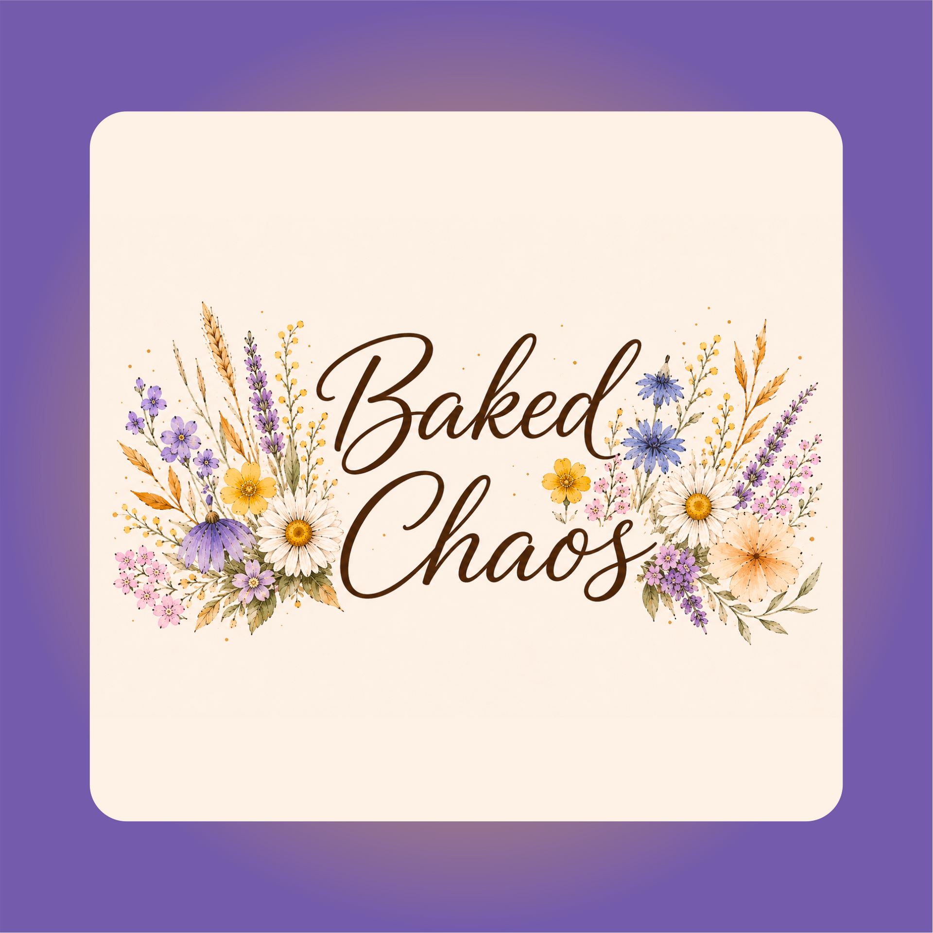 Logo reading “Baked Chaos” with watercolor flowers in lavender, cream, and gold on a soft beige background