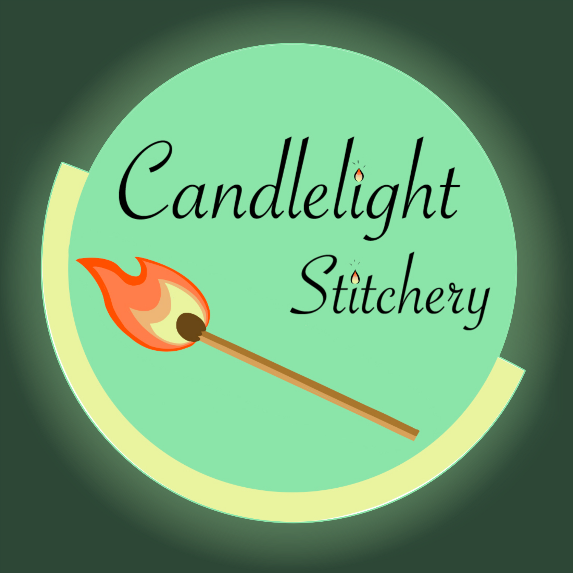 Logo for Candlelight Stitchery with a flaming candle and needle on a green circle background