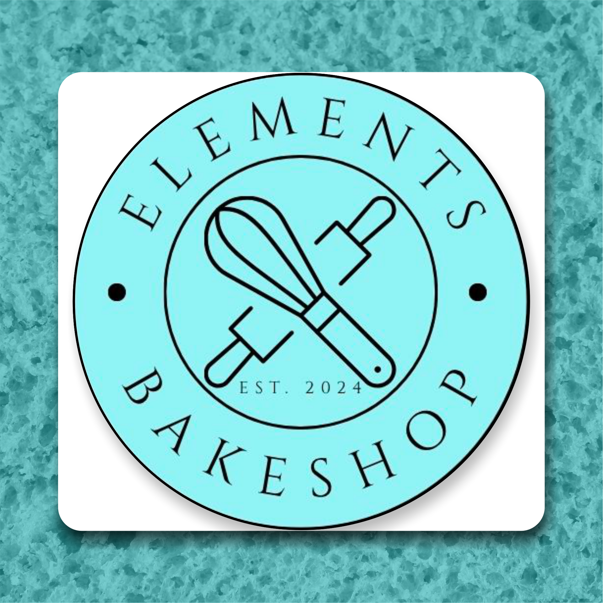 Round turquoise Elements BakeShop logo with whisk and rolling pin crossed inside a circle.