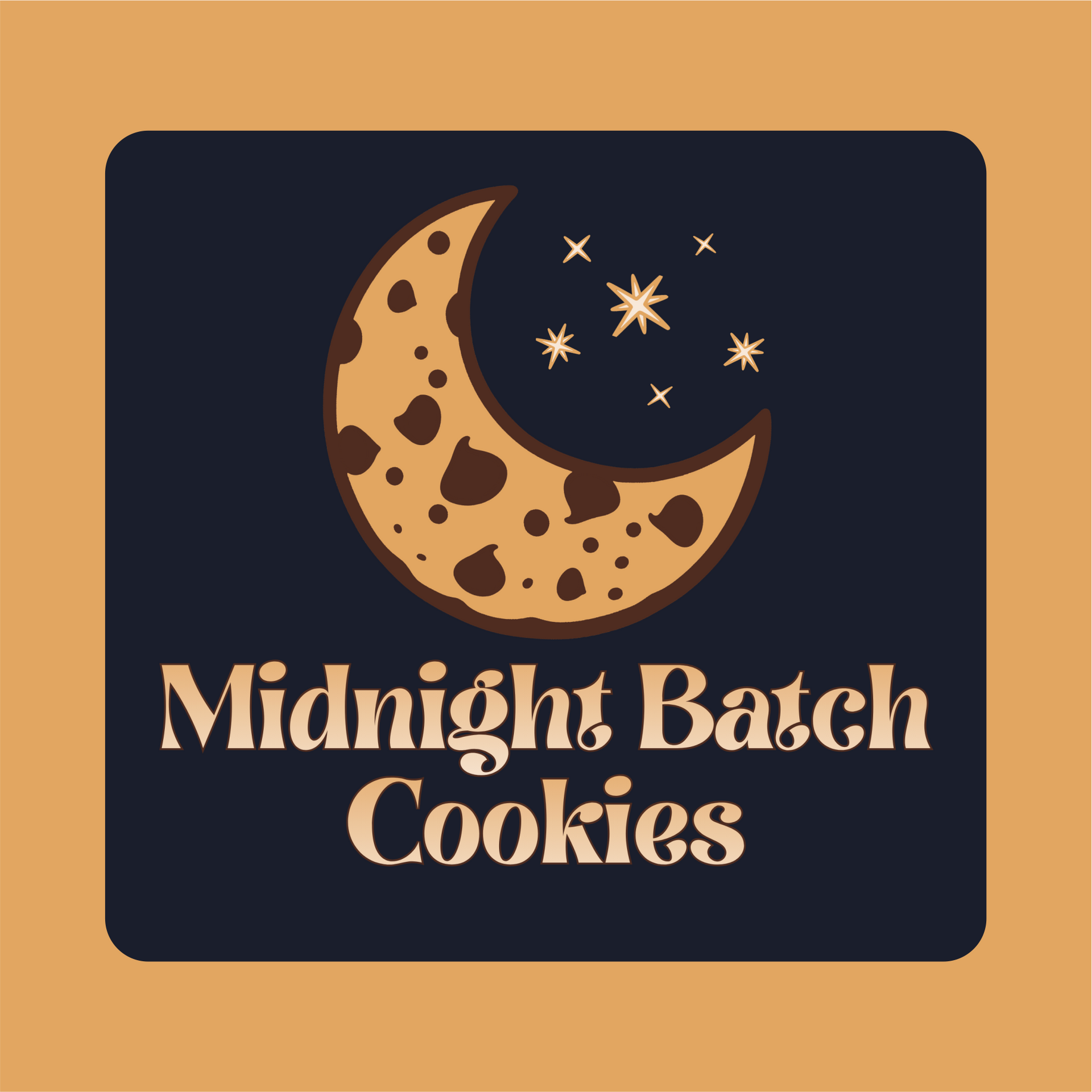 Dark navy logo with a crescent cookie moon and stars above the words “Midnight Batch Cookies”