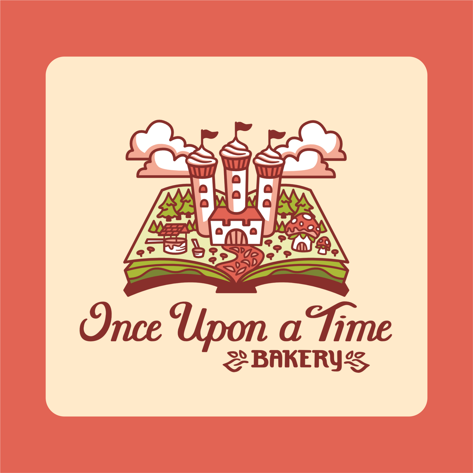 Bakery logo with a pink fairytale castle on a cake and the words “Once Upon a Time Bakery”