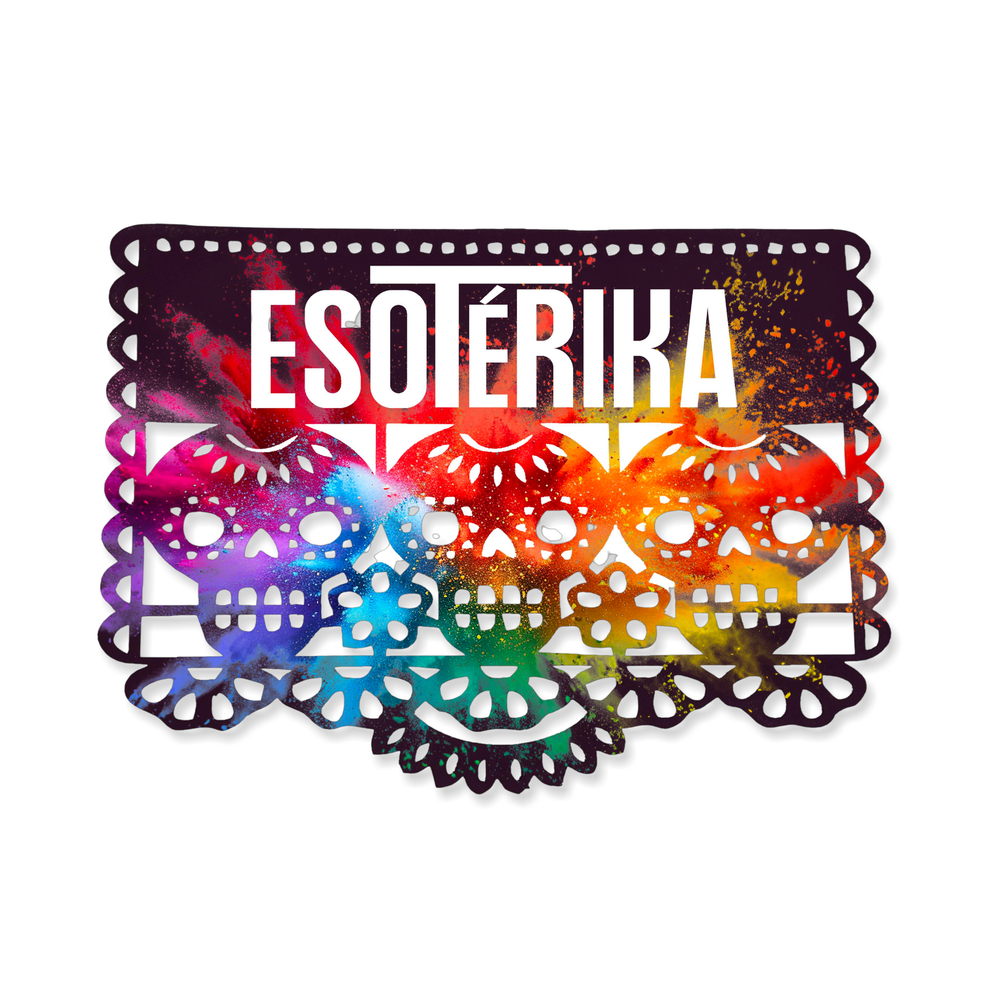 Colorful ESOTERIKA logo with rainbow skulls and lace-like border