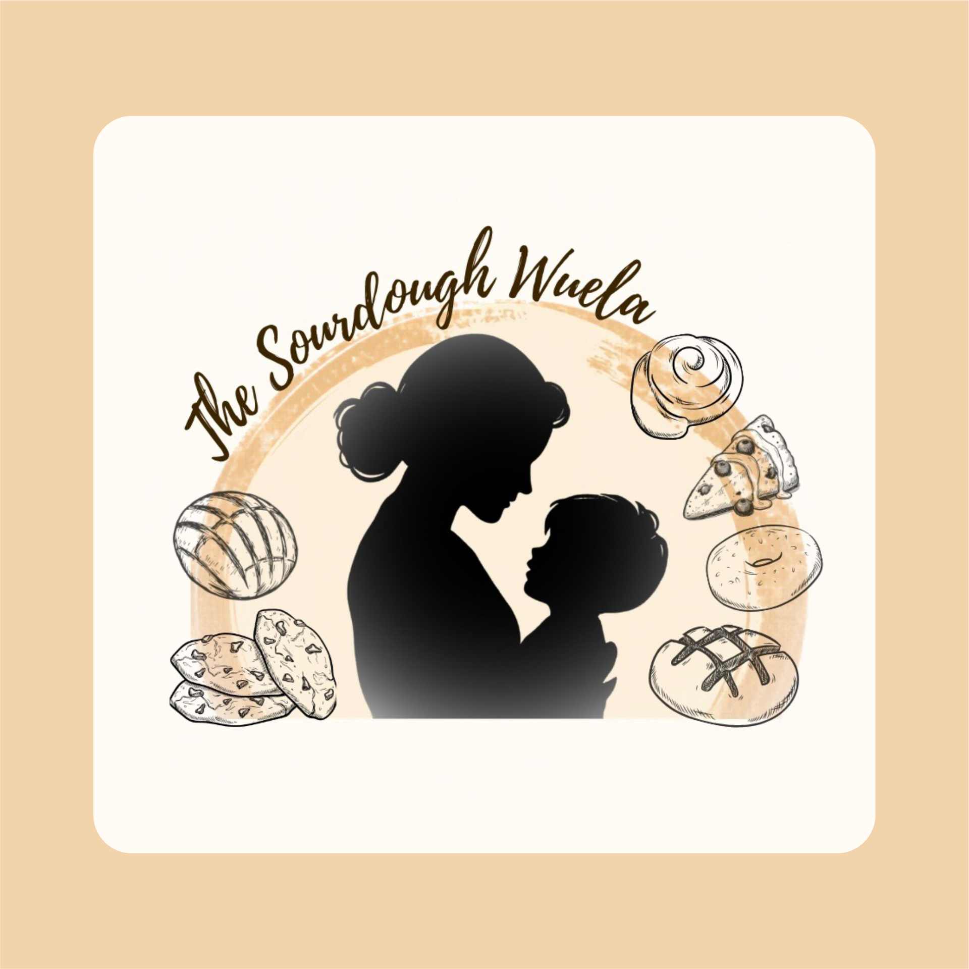 Logo with pregnant silhouette, baby, and bread illustrations, reading “The Sourdough Wuela”