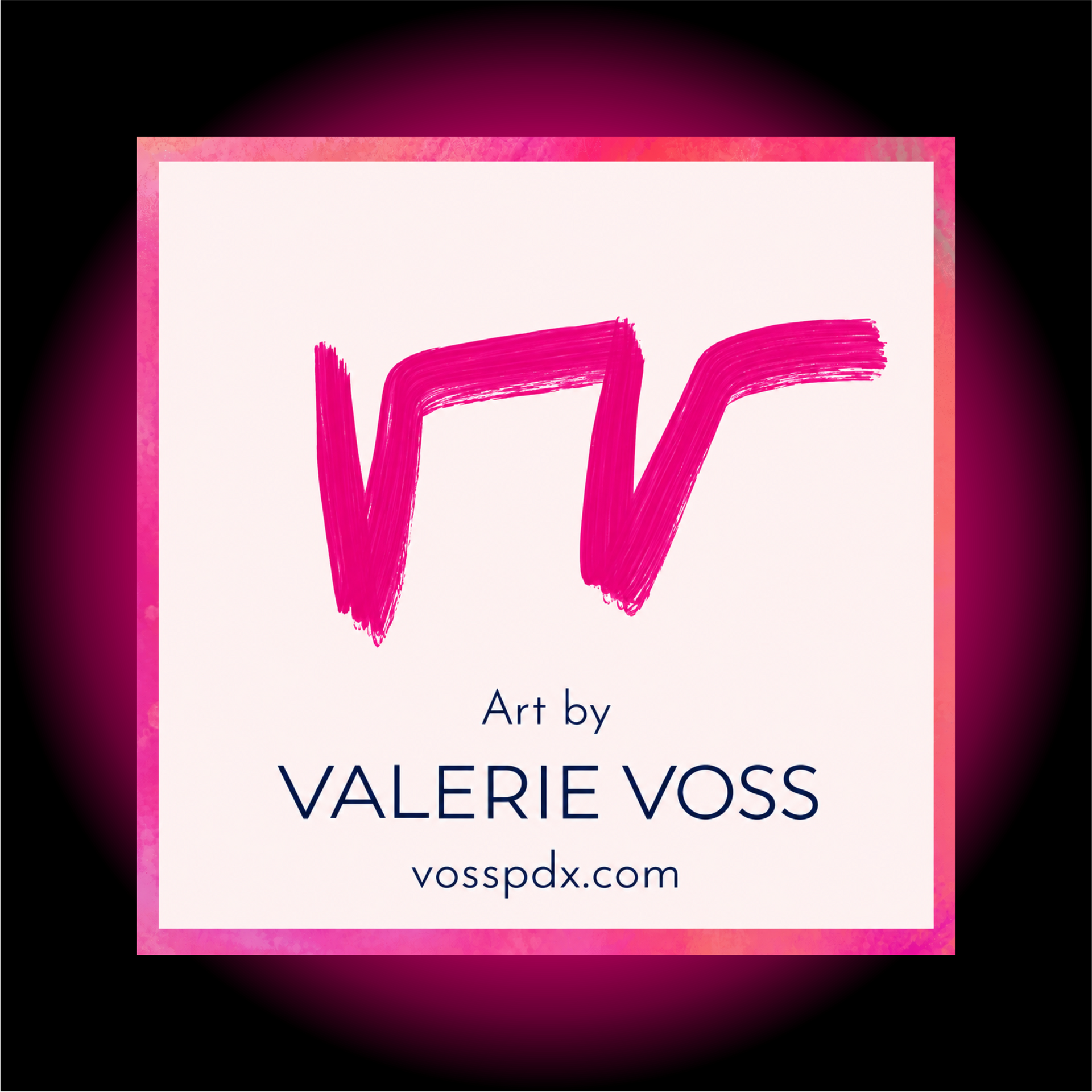 Pink abstract logo on white square with “Art by VALERIE VOSS” and vosspdx.com text.