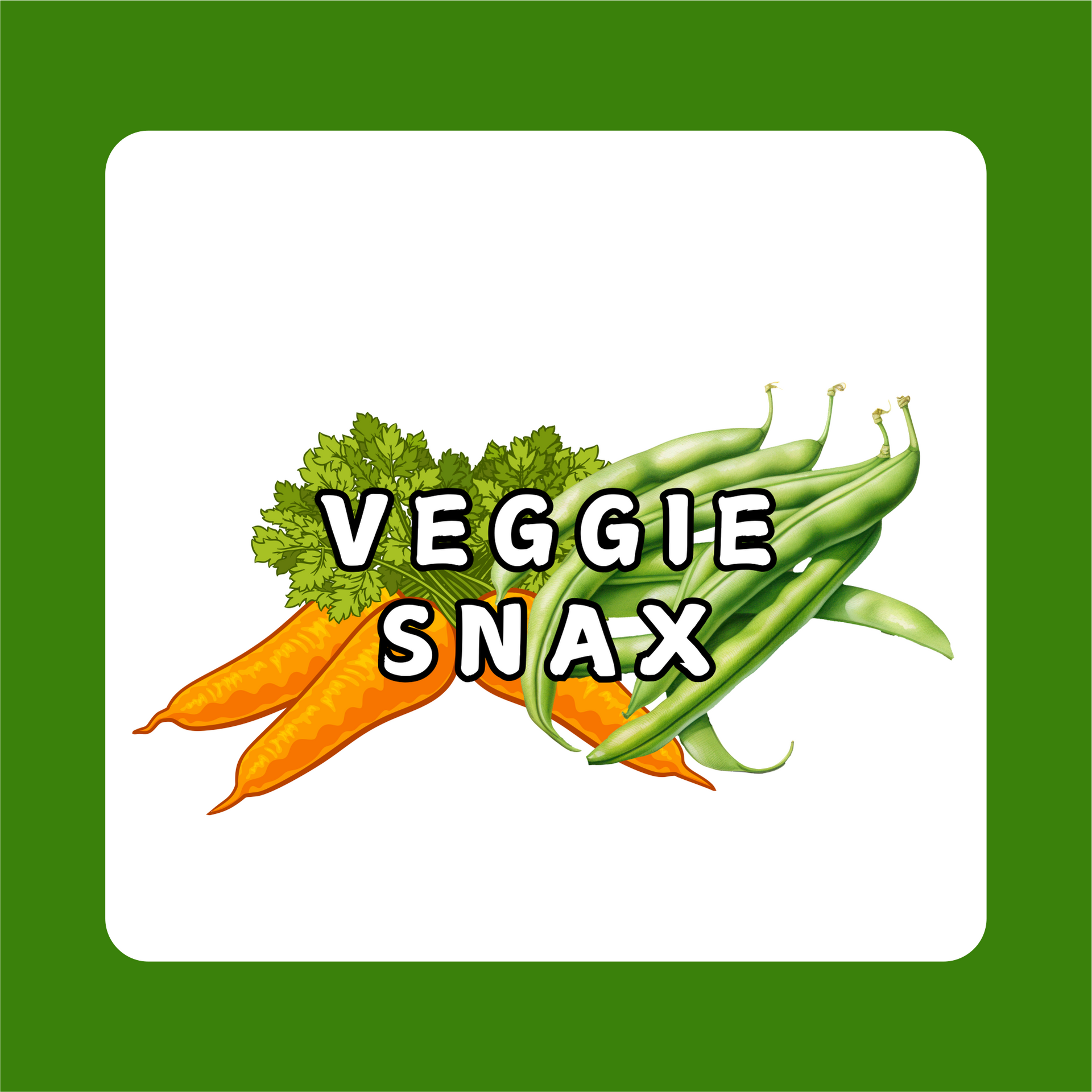 VEGGIE SNAX logo with carrots and pea pods on a white rounded square with green background
