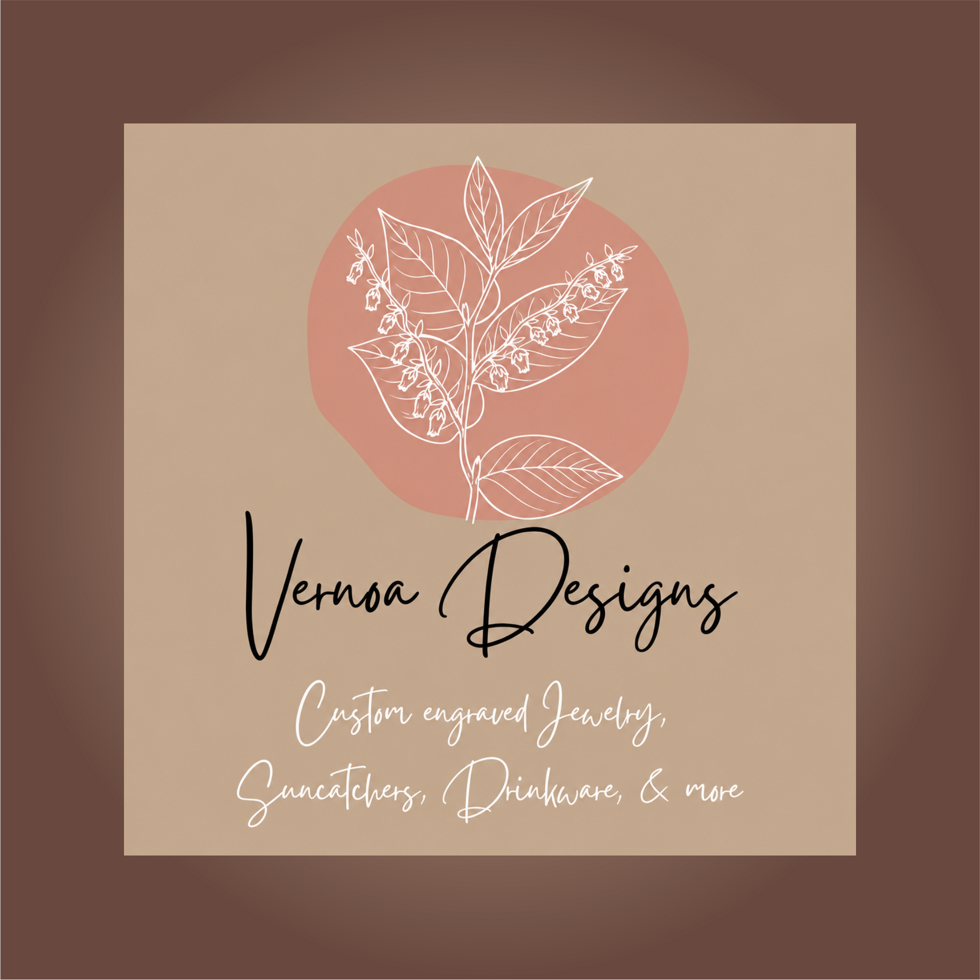 Vernoa Designs logo with pink leaf emblem and handwritten script on a beige background