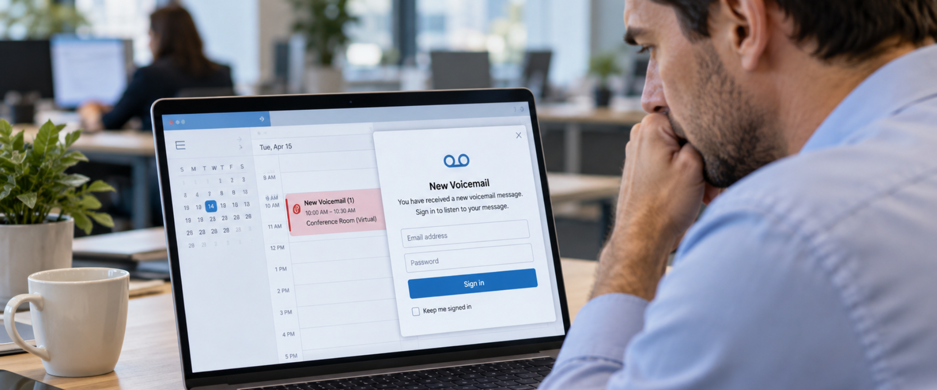 A business professional reviews a suspicious calendar meeting invitation on a laptop, with a warning icon and potentially malicious meeting link highlighted on screen.
