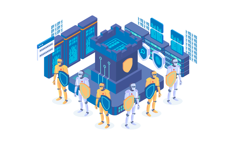 An isometric illustration of a group of robots standing around a building that represents evaluating the performance