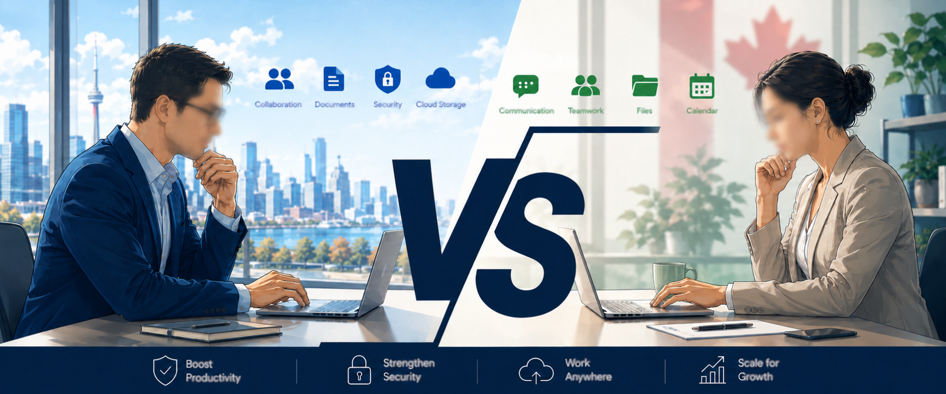 Business comparison graphic showing two professionals evaluating cloud tools, security, productivity, and growth.