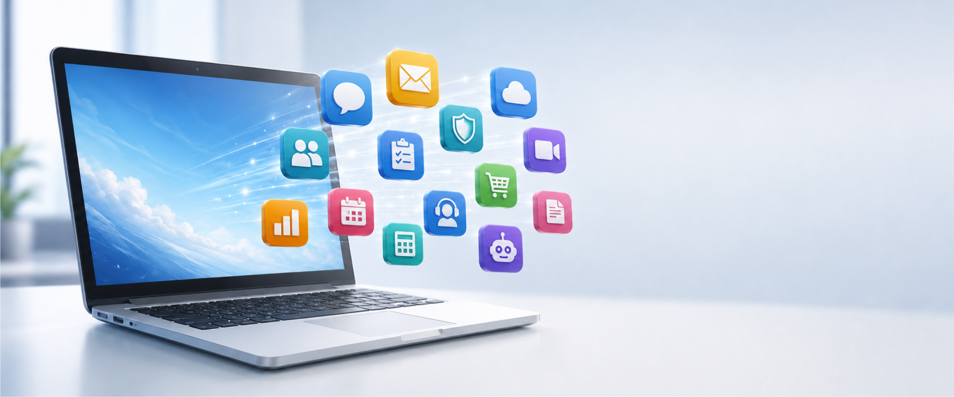 Anime-style laptop displaying colourful business software icons for cloud, security, CRM, accounting