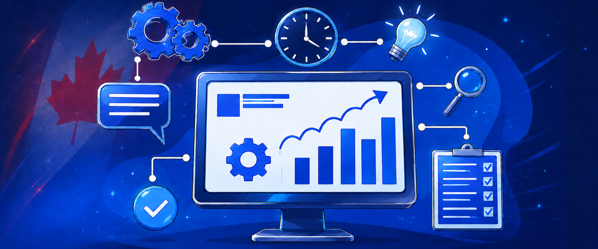 Anime-style technology dashboard with growth chart, productivity icons and a Canadian flag in the background.