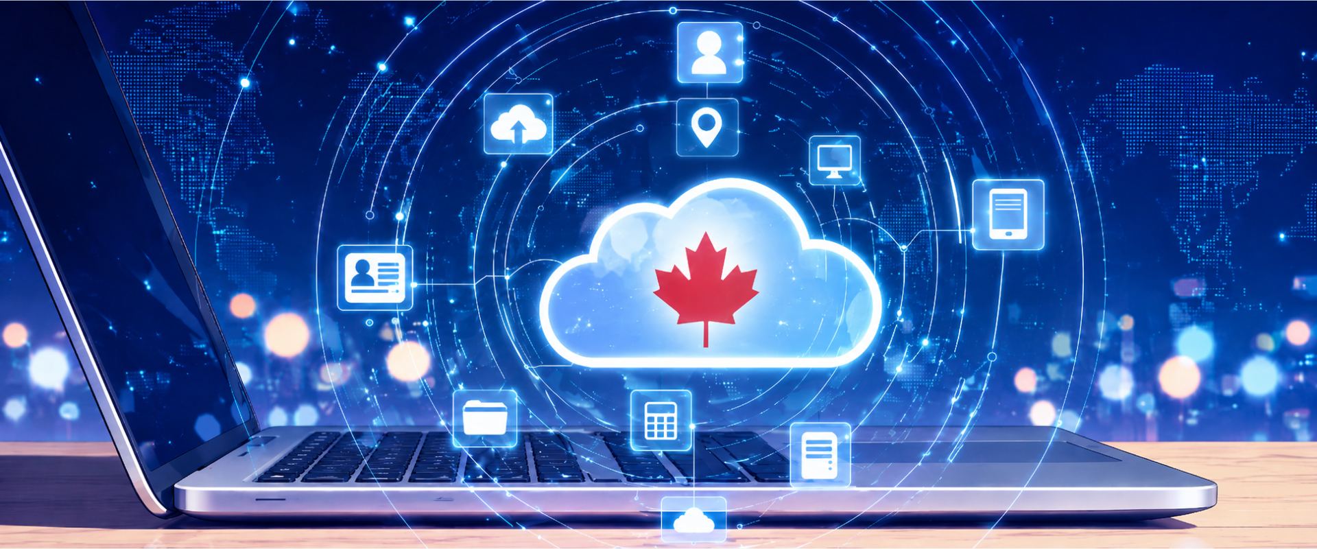 Canadian cloud computing network on laptop with cybersecurity icons and digital world map