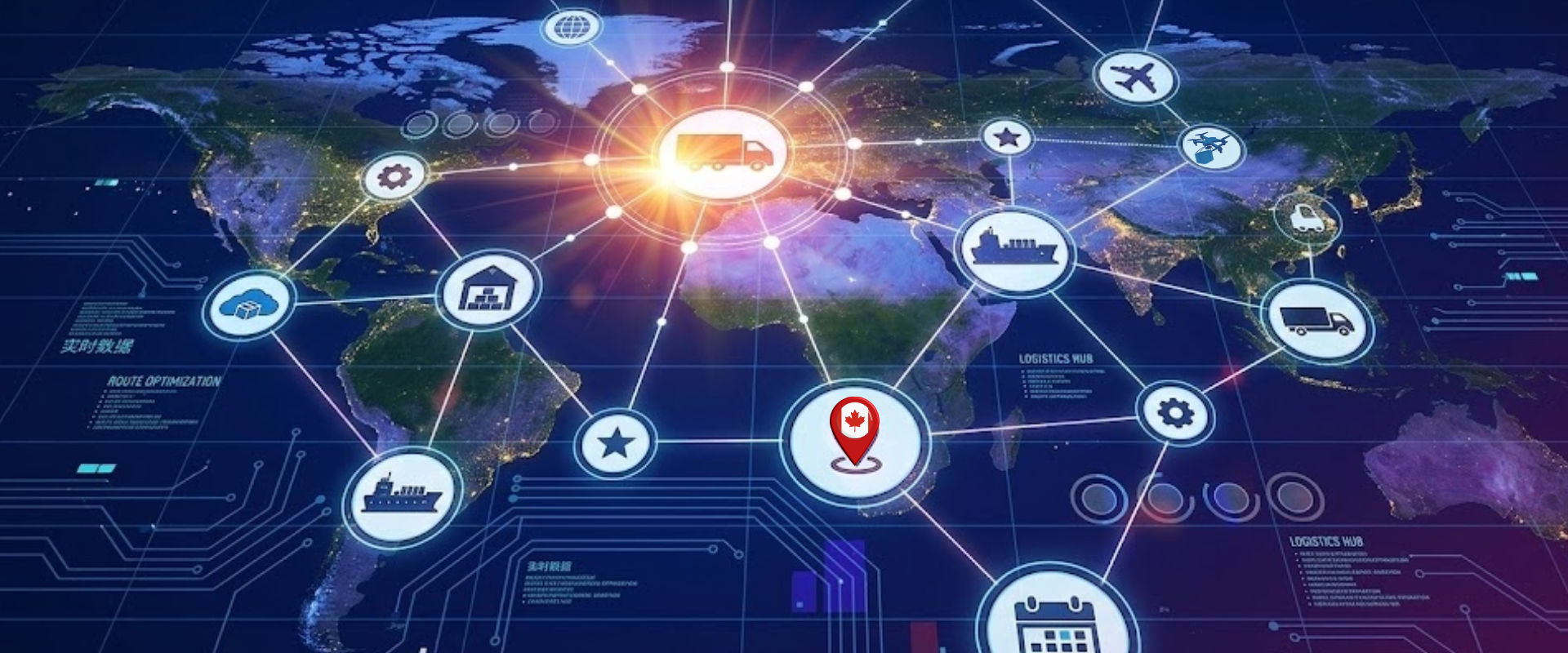 Anime-style global logistics map with glowing network nodes and transportation icons on a dark blue background.