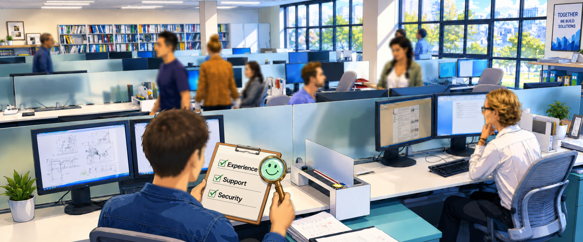 Checklist with Experience, Support, and Security in an office setting.