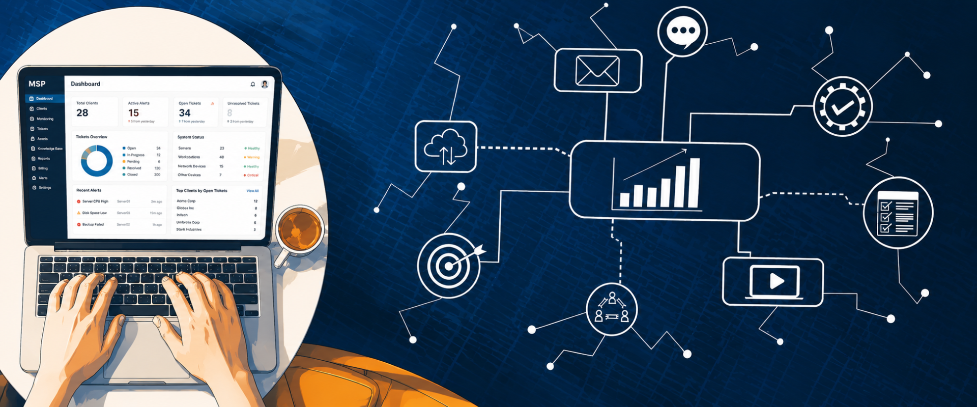 Anime-style MSP dashboard on laptop with IT service analytics, automation workflow icons, and digital business technology network.