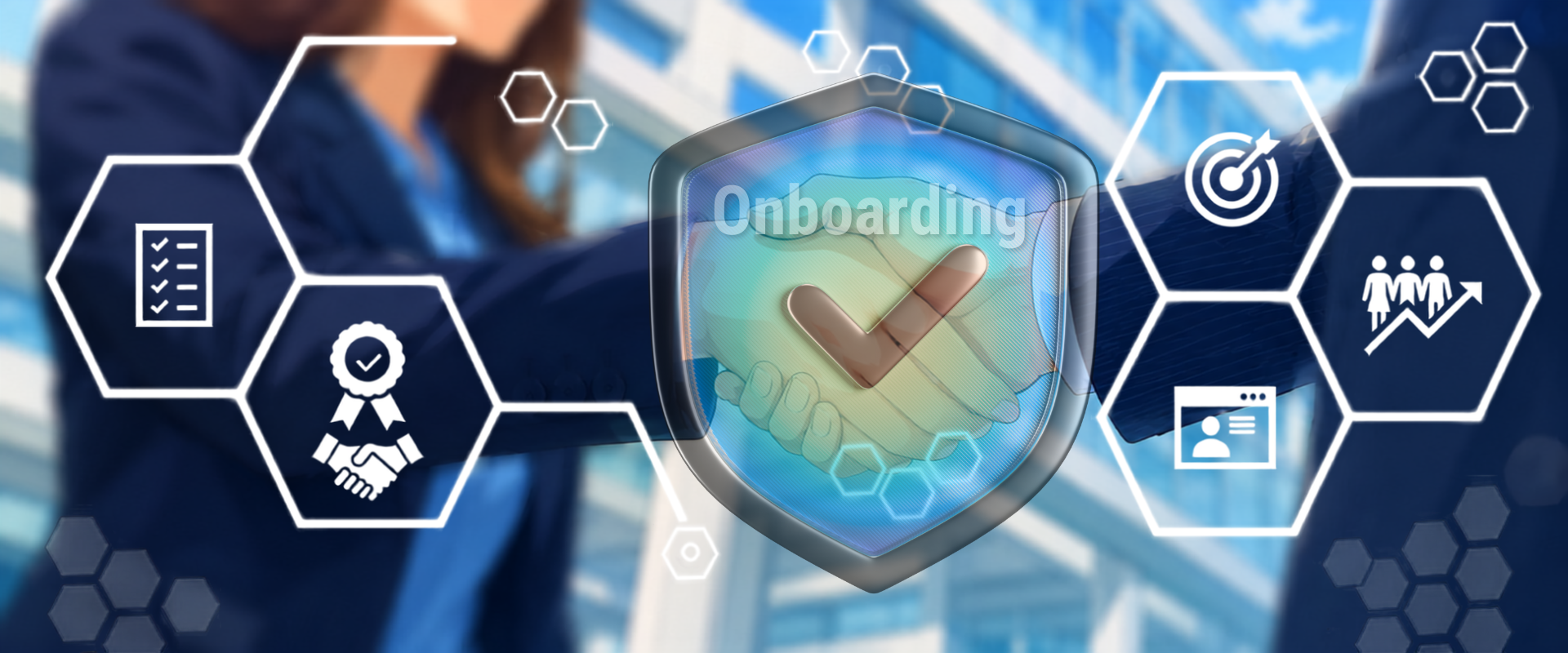 Anime-style onboarding banner with business handshake, digital HR icons, and modern corporate technology theme.