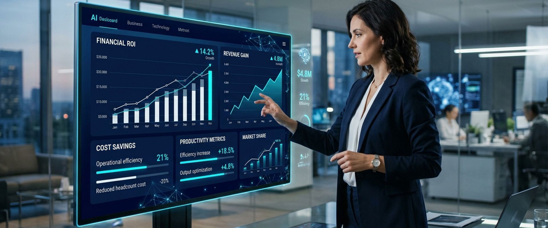 Businesswoman presenting analytics on a large digital dashboard in a modern office.