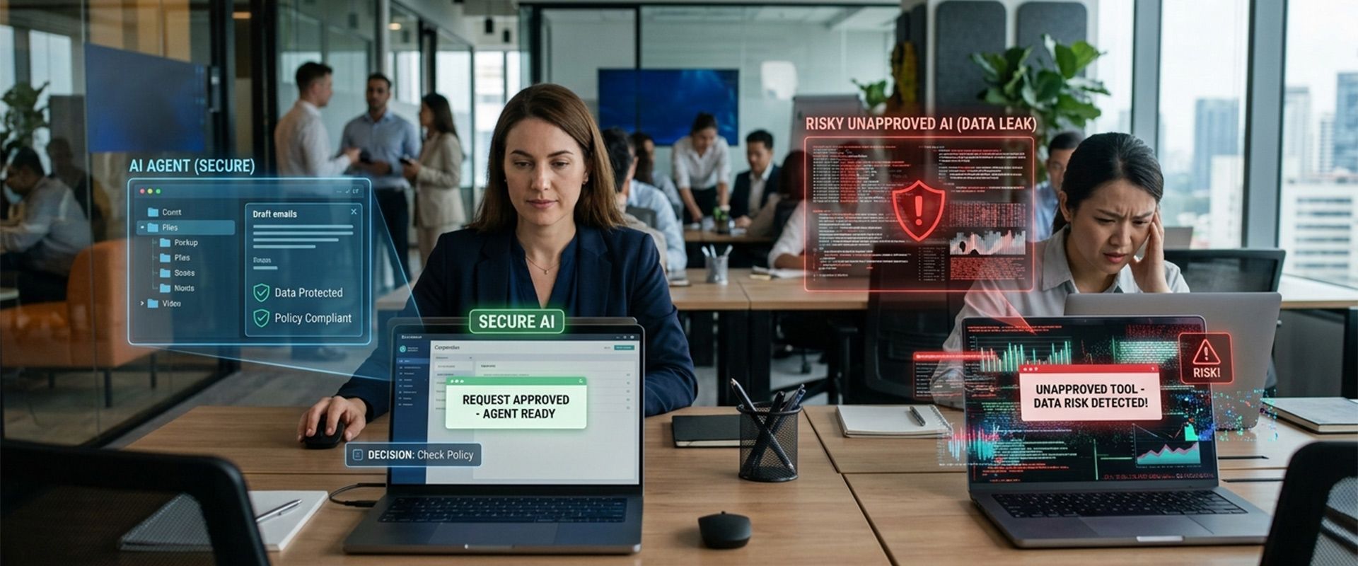 Office scene with woman at laptop, highlighted cyber alerts on screens, and colleagues in the background