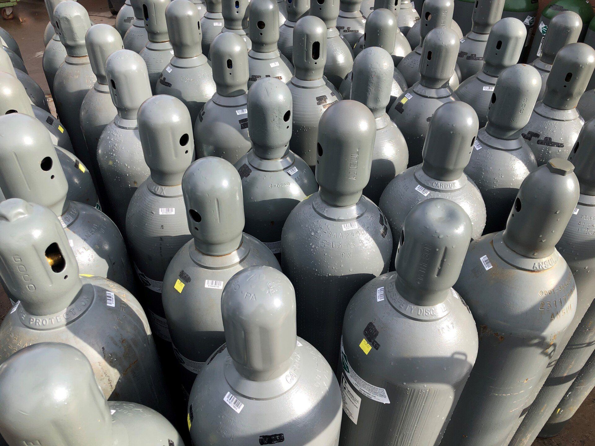 Rows of gray industrial gas cylinders.