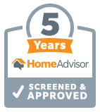 HomeAdvisor 5-Year Screened & Approved badge. Features a gray shield with a white checkmark and text.