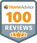 HomeAdvisor badge: 100 reviews, orange numbers, gray border, three gold stars.
