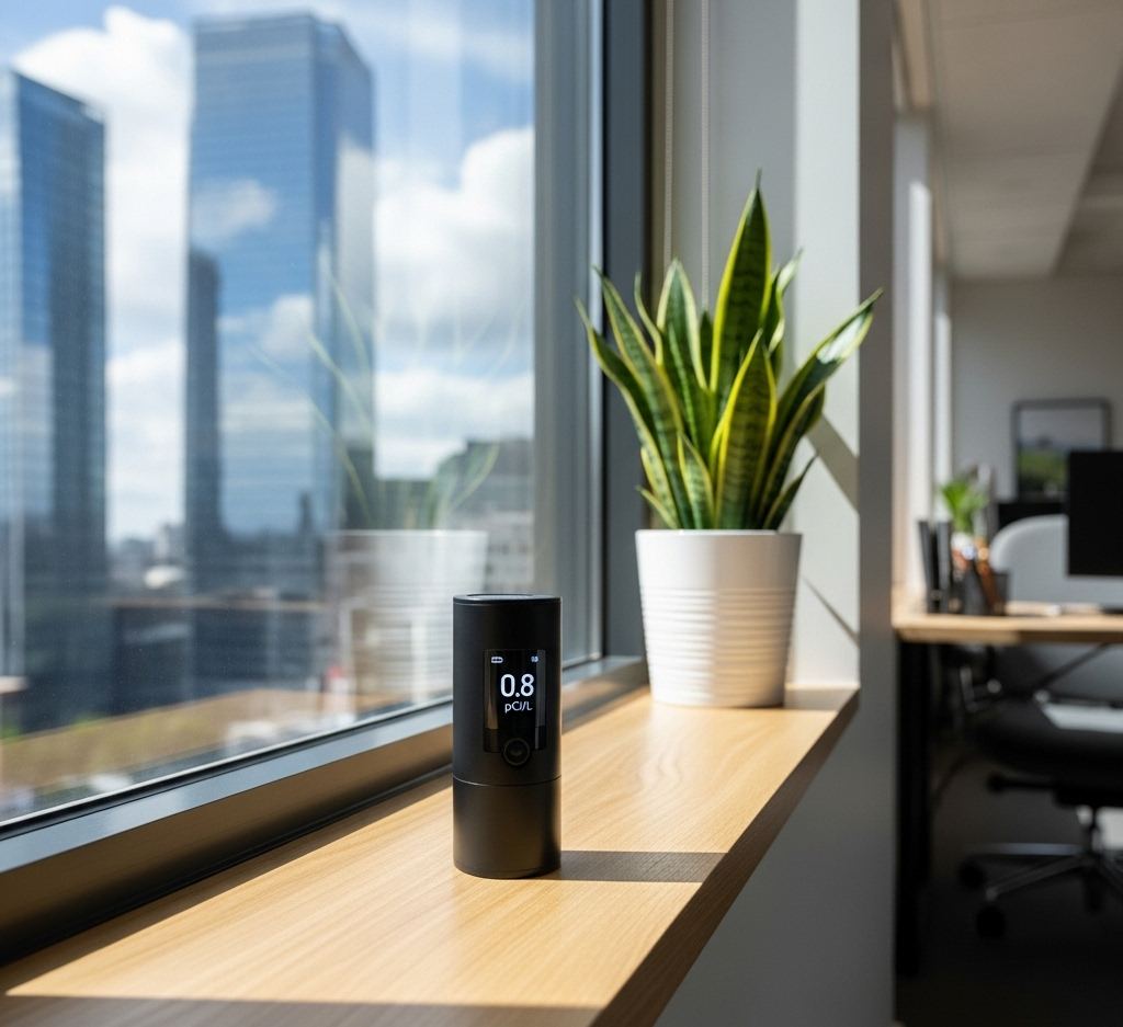 Air quality monitor on a windowsill with a potted plant and cityscape in the background.