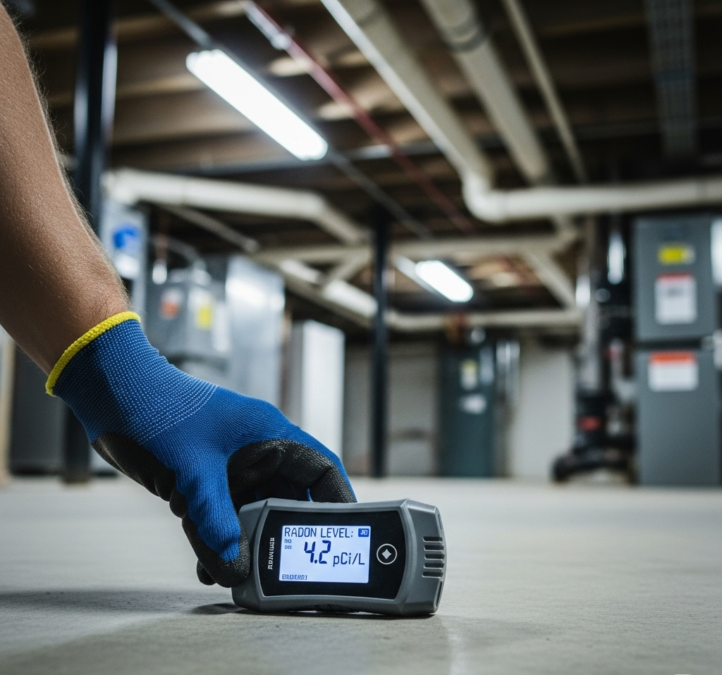 Person in blue glove places a meter on a concrete floor in an industrial basement.