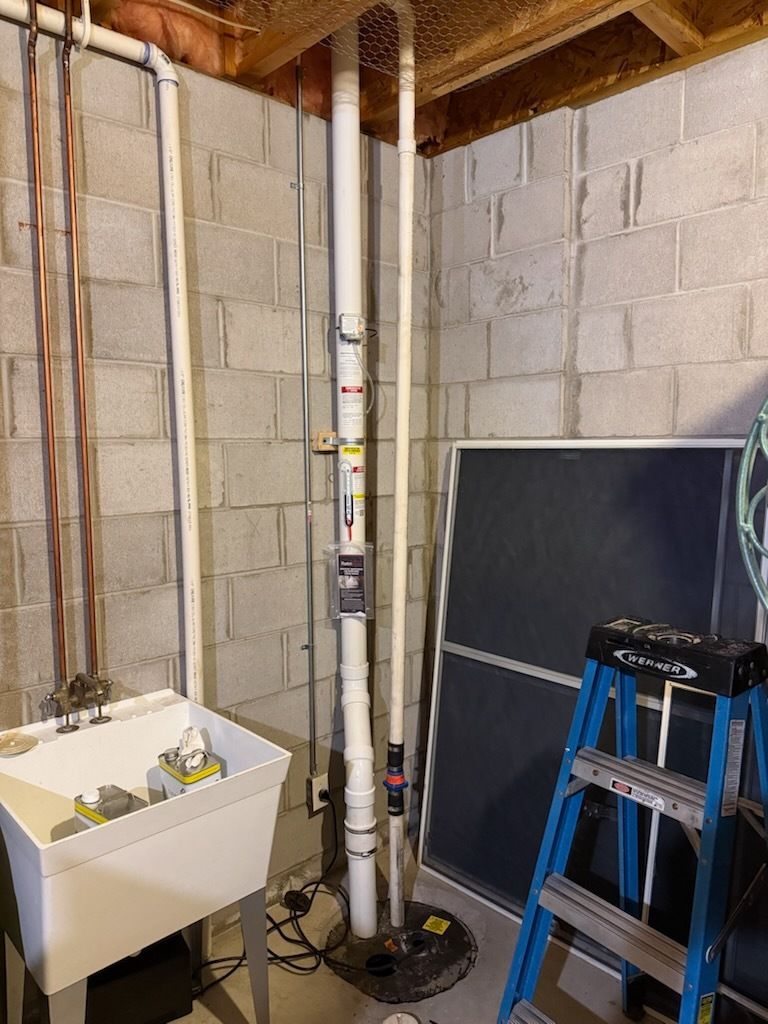Basement utility room with a white laundry sink, exposed pipes, a ladder, and a black panel leaning against the wall.