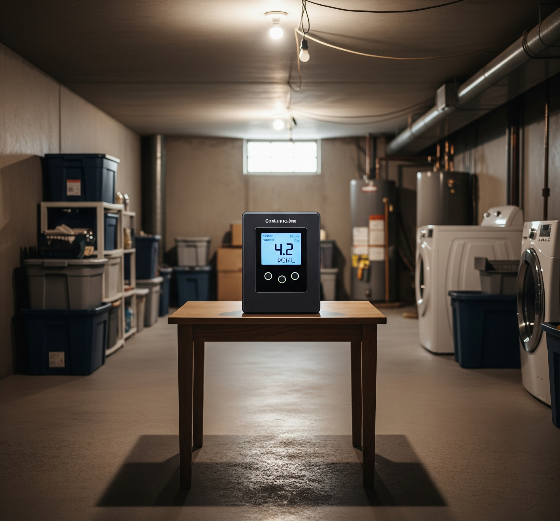 A black device with a display sits on a table in a basement, near a washer and dryer and storage bins.