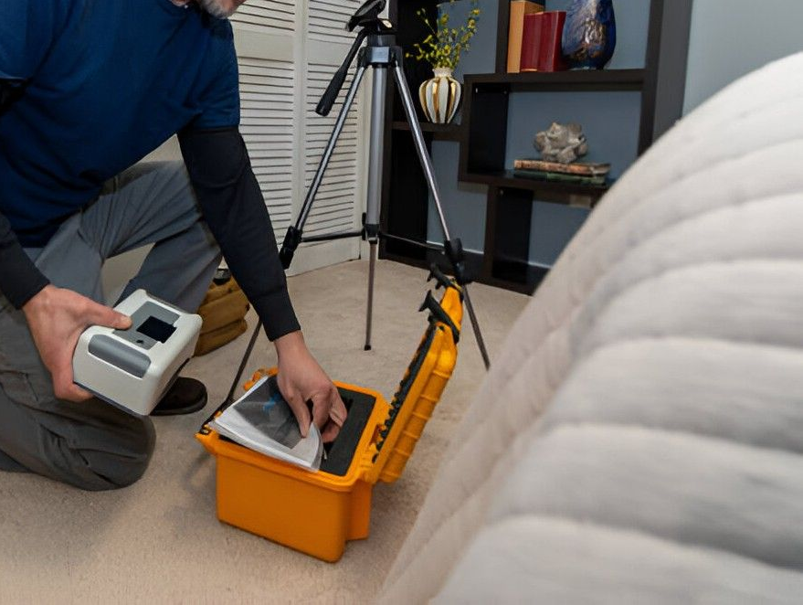 Man with device, unpacking equipment near a bed; camera tripod in the background.