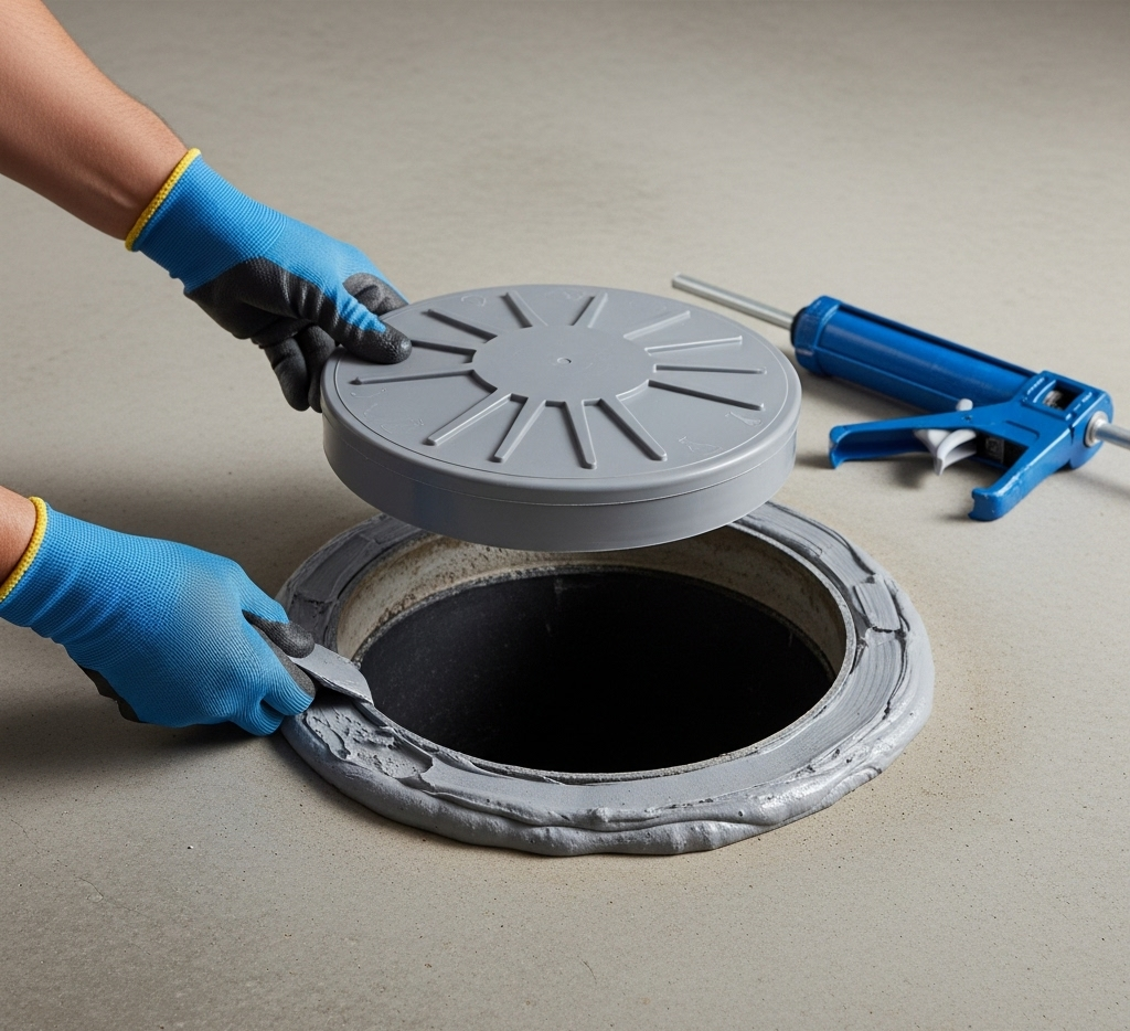Hands wearing blue gloves sealing a floor access opening with gray sealant. Cover being placed.