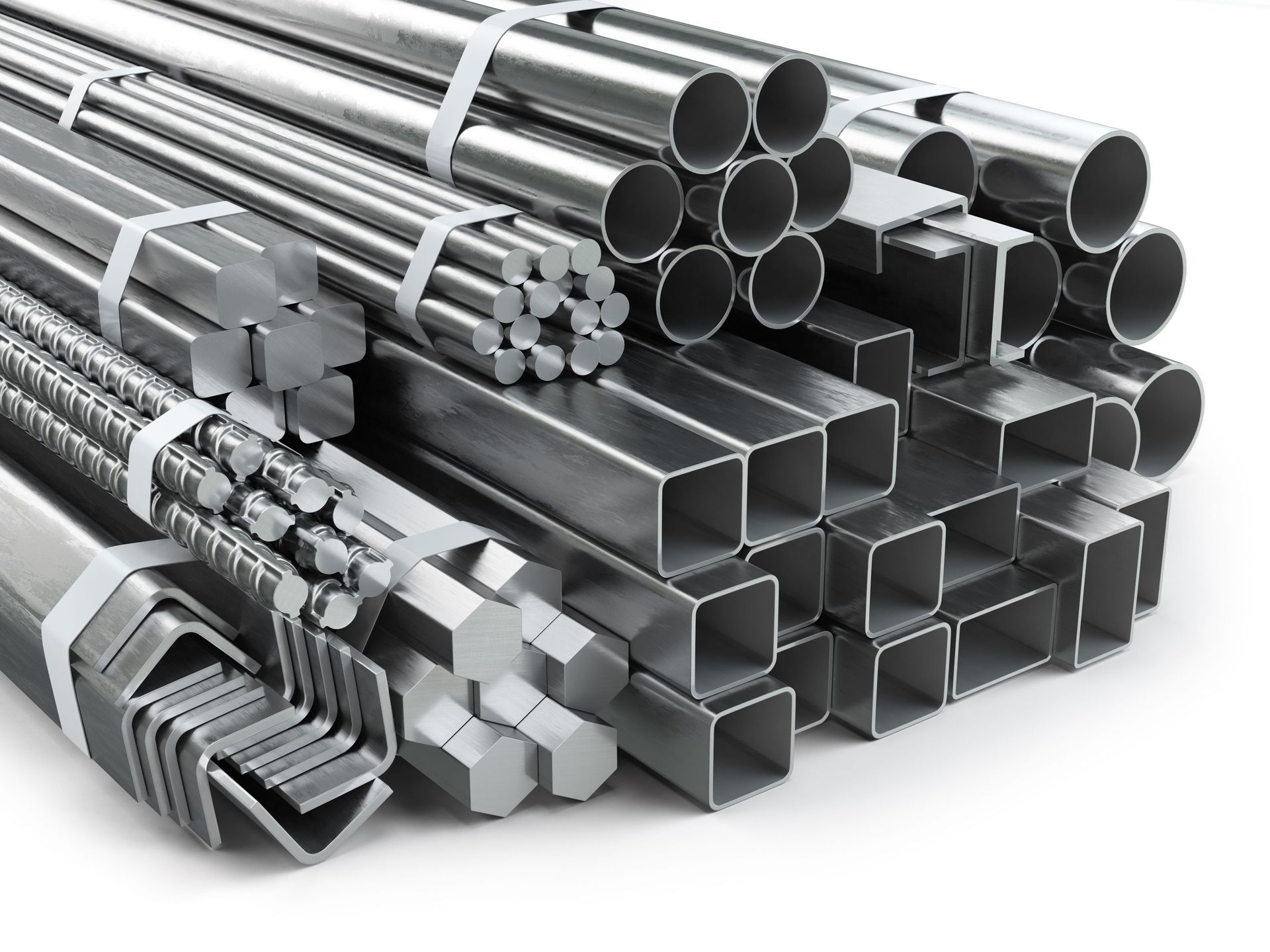 Assorted steel bars, tubes, and rods bundled together, various shapes, silver color.