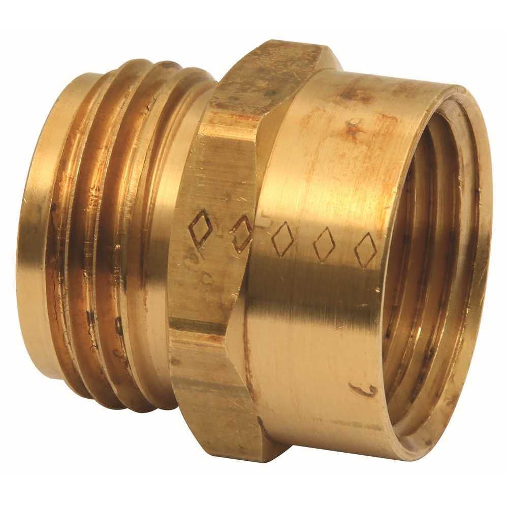 Brass garden hose fitting with male and female threaded ends.