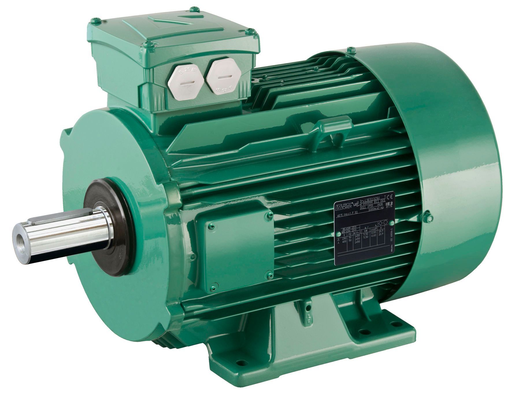 Green electric motor with cooling fins, shaft, and electrical box.