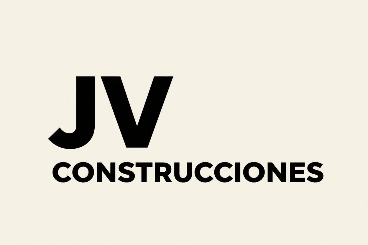 Logotipo negro de JV con la palabra «CONSTRUCCIONES» sobre un fondo beige
