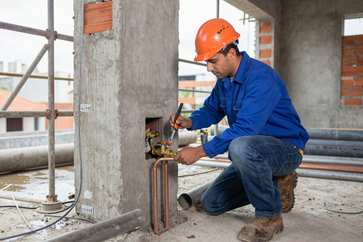 Trabajador con mono azul y casco naranja instalando cableado eléctrico en una obra