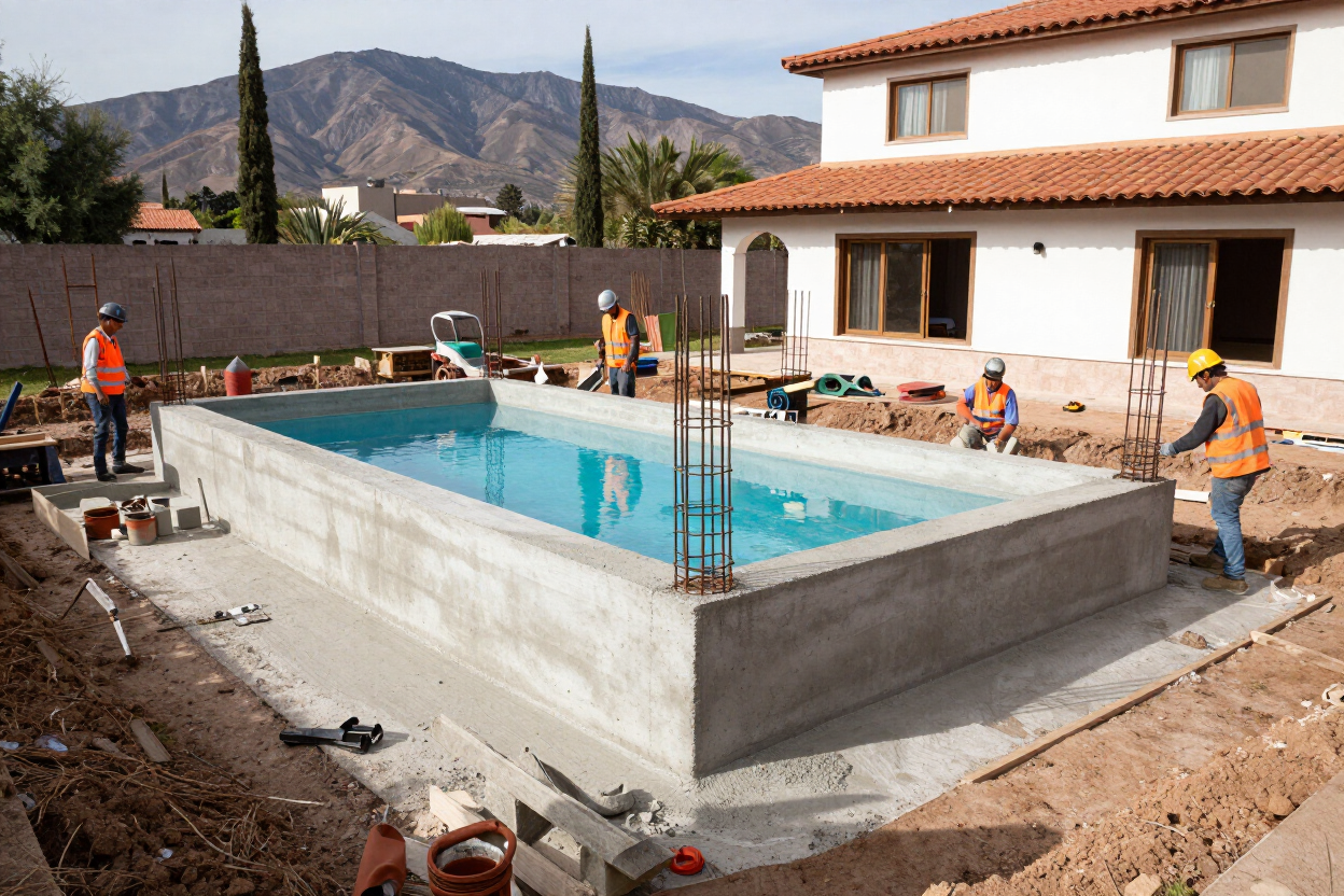Trabajadores construyendo una piscina en el patio trasero junto a una casa, con montañas al fondo.