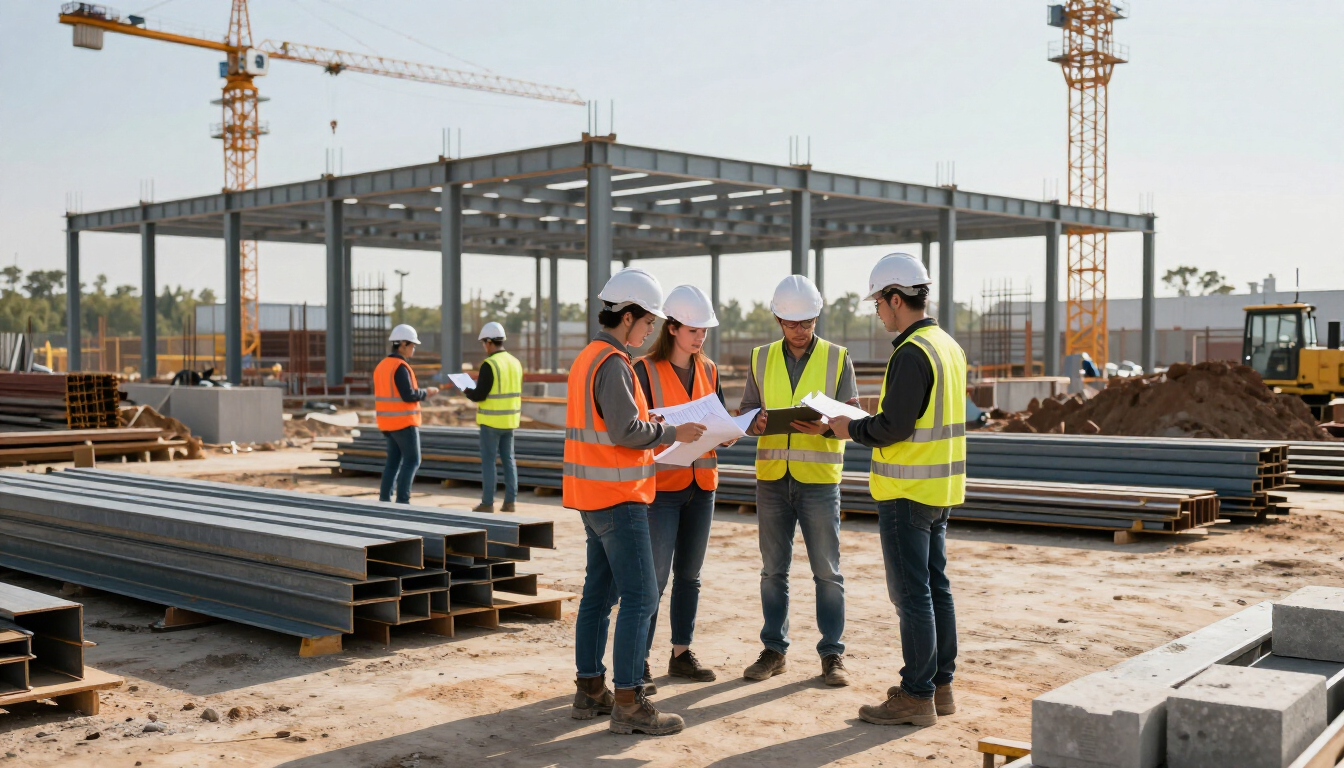 Obreros de la construcción con cascos y chalecos de seguridad hablan de los planes en una obra con vigas de acero y grúas